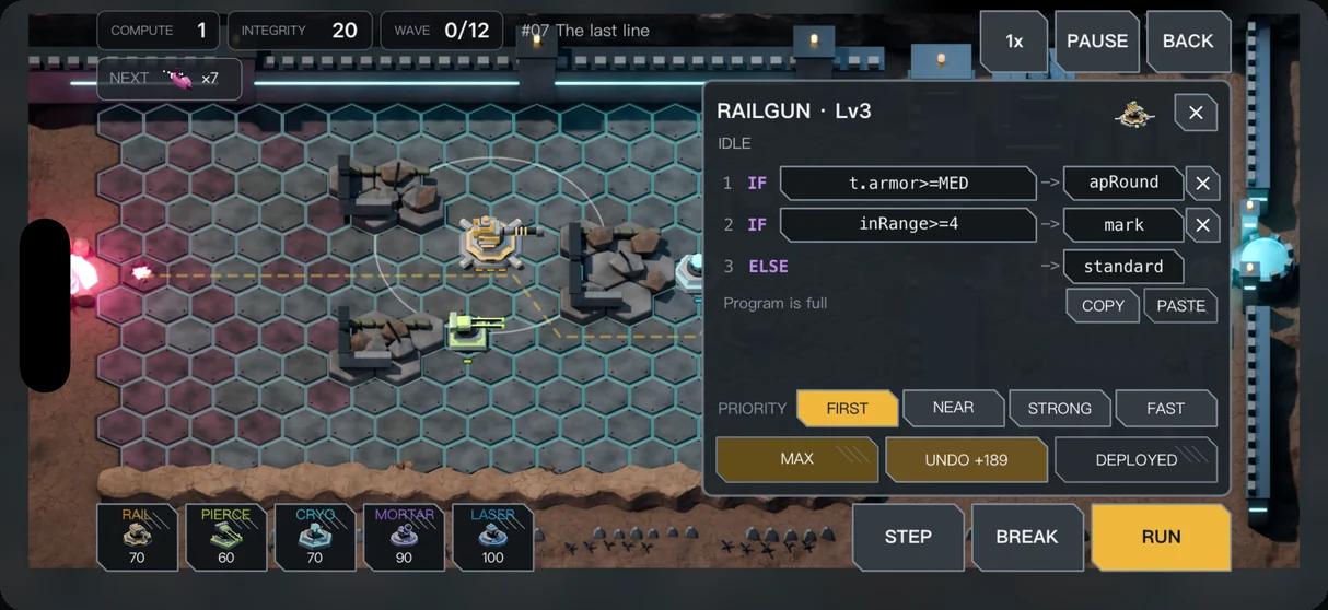 Gameplay: the program panel of a Lv3 Railgun, three rule lines each mapped to an action