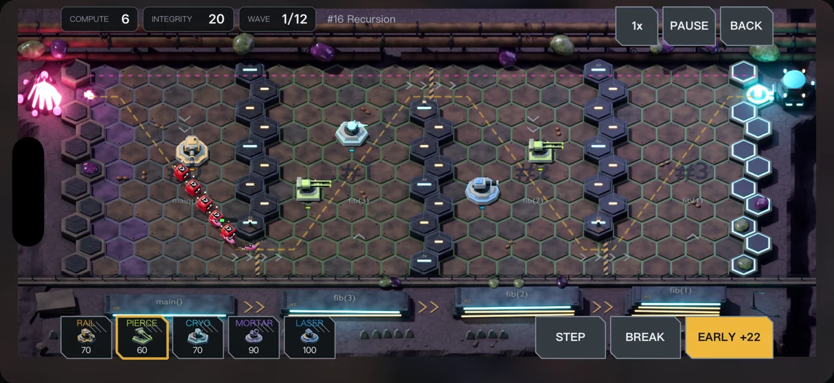 Gameplay: issue 16, Recursion, with a line of enemies winding through a maze of towers