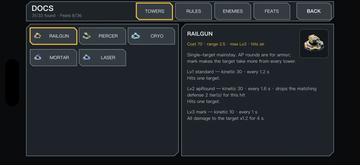 Gameplay: the tower page of the in-game docs, listing the Railgun's stats and three actions
